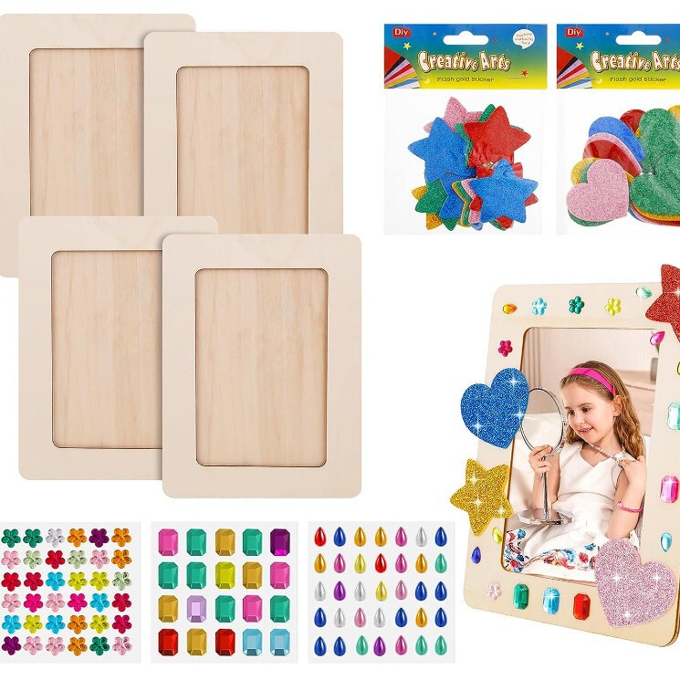 Cross-Border Wooden Photo Frame DIY Children's Decorative Wooden Photo Frame 6inch Photo Stickers Heart and Five-Pointed Star Combination Set