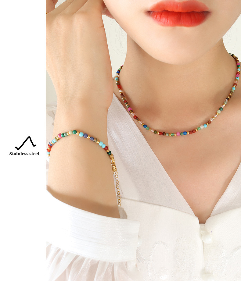 Fashion Round natural stone Titanium Steel Beaded Plating Bracelets Necklace 1 Piece