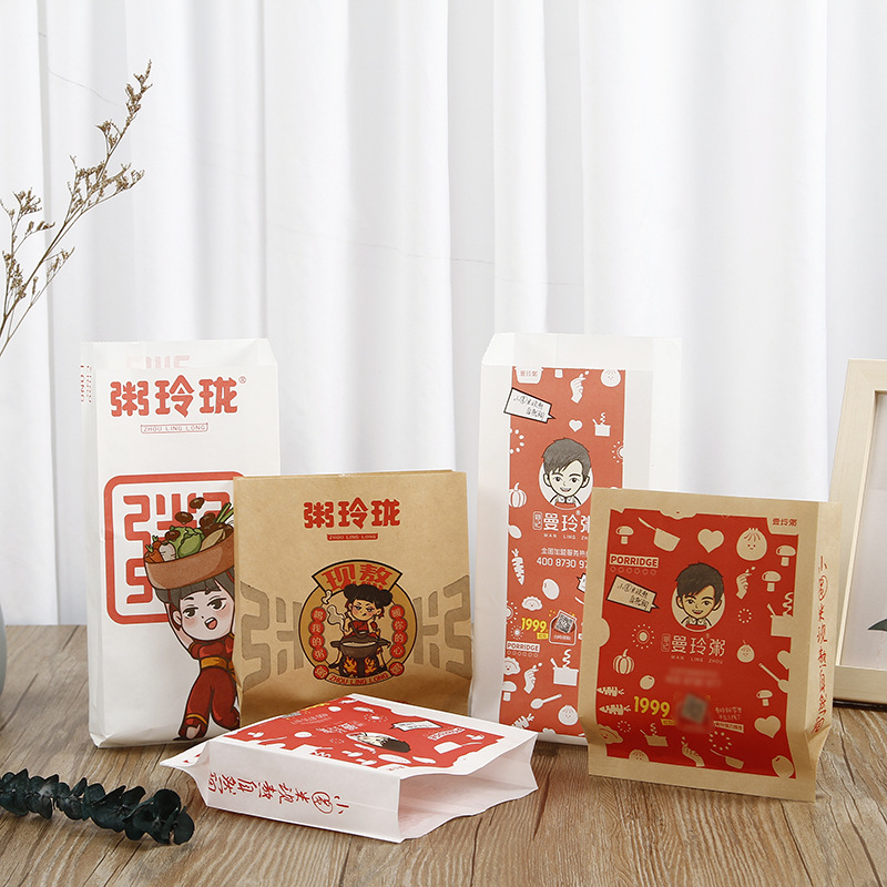 白色牛皮纸食品袋油条小吃烧烤外卖打包袋淋膜防油高低口尖底袋