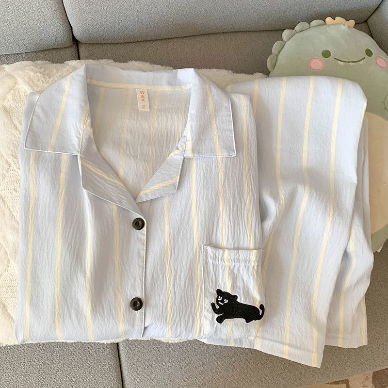 跨境外贸爆款春秋睡衣女云朵棉开衫翻领长袖长裤卡通家居服女套装