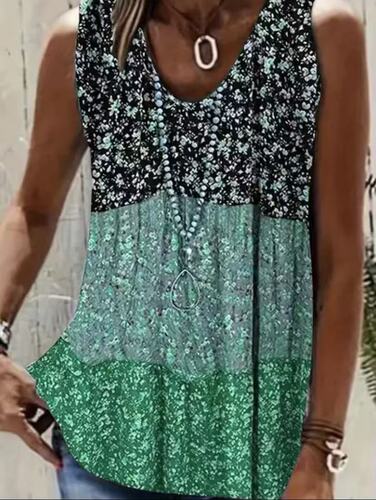 2025 European and American Amazon Independent Station AliExpress Cross-border Summer New Sleeveless Print Loose Contrast Color T-shirt for Women