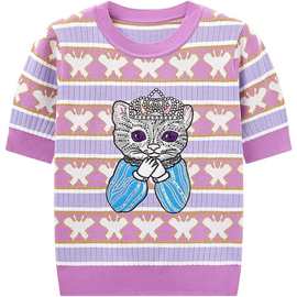 2023春夏新款皇冠小猫刺绣金线蝴蝶条纹提花设计感针织短袖上衣女