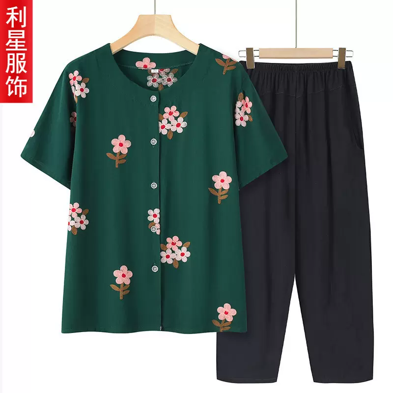 妈妈短袖夏装开衫上衣女宽松中老年人套装衬衫棉绸奶奶衣服两件套