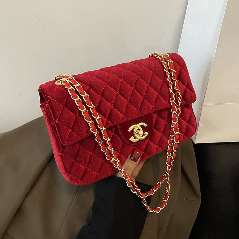 Xiaoxiangfeng ハイエンド菱形チェーンバッグ新しいゴールドベルベットファッション多用途ショルダーバッグ女性のクロスボディバッグ女性|undefined