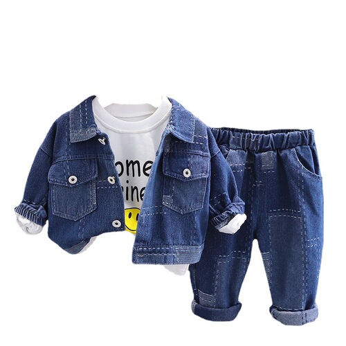 2024 Spring and Autumn Fashionable Boys Suit Block Denim Jacket Spring Three-piece Suit Boy Boy Handsome Trendy Children's Clothing