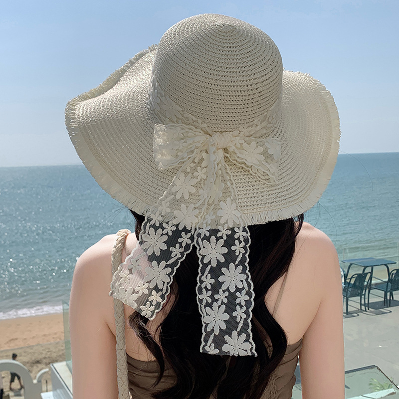 Sombrero de paja con lazo – estilo veraniego, ala ancha, para playa o vacaciones al aire libre