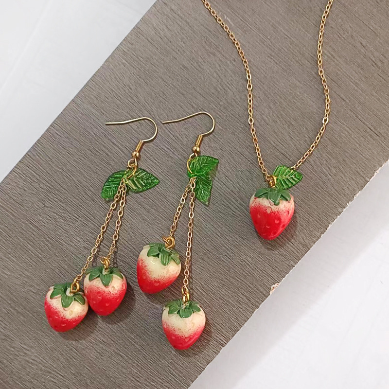 6g Weight Earrings, Necklace Classification 1 Piece, 1 Pair Quantity Daily, Street Occasion Resin Material Strawberry Pattern Women's Gender Fruit Design Cute, Sweet Style Cute Sweet Strawberry Resin Fruit Women's Earrings Necklace 8