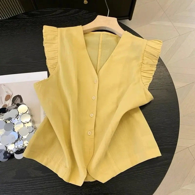 夏季2025新款法式小众甜美风洋气v领设计感小飞袖衬衫宽松上衣女