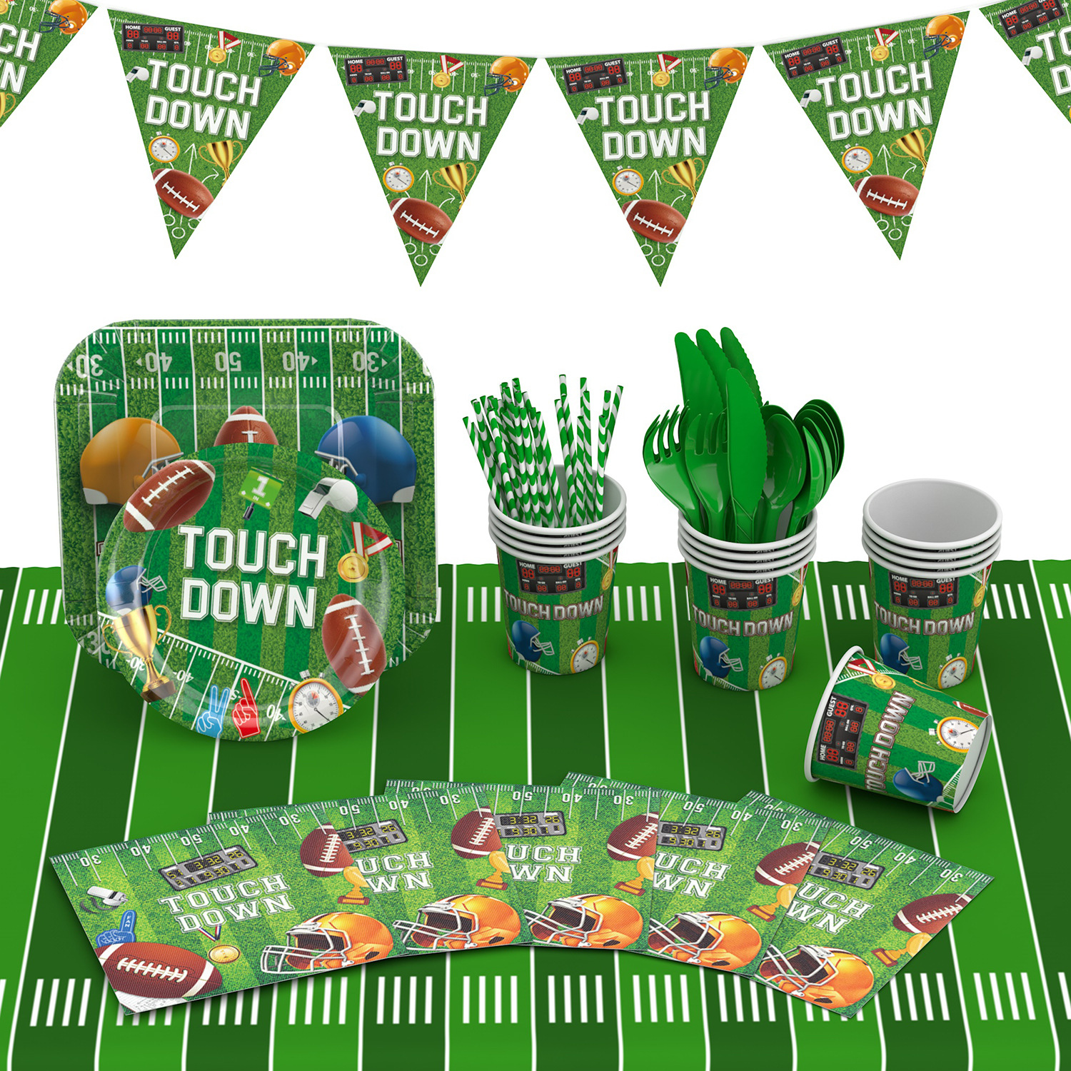 Nuevo Rugby Super Bowl decoración del partido fútbol americano desechable cuadrado plato de papel taza de papel decoración traje