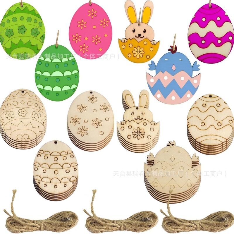 Wooden Easter Decorations Egg Bunny Flower Hollow-Out with Holes Wooden Hanging Tags Party Handmade Wood Crafts