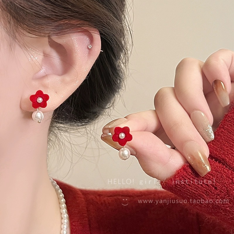 19# red drip oval pearl stud earrings