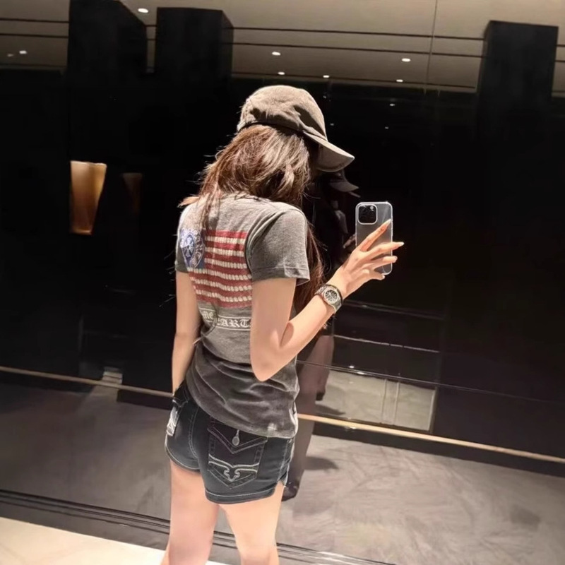 【Good Product Clearance】V-Neck American Flag Print Waist-Cinching Gray Short-Sleeve T-Shirt for Women, Slim Fit, High Street Dance Style