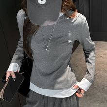 工厂设计感假两件上衣女早秋圆领撞色正肩长袖t恤韩版休闲打底衫