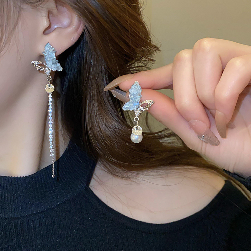 Aguja de plata, estilo de vacaciones azul, pendientes de lazo de flores suaves, pendientes de moda fresca, pendientes de ambiente dulce