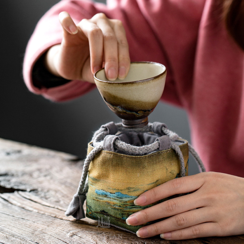 Ganador de algodón engrosado y cáñamo Master Cup bolsa de almacenamiento de una sola taza de viaje taza portátil taza de té juego de té taza de té pequeña bolsa de tela