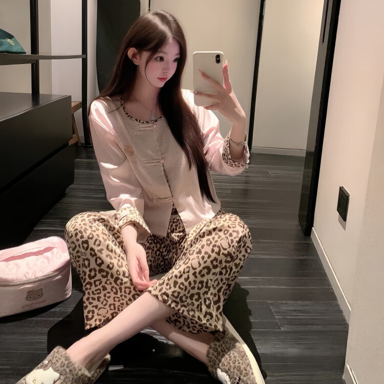 Autumn Sexy Style Short Leopard Print Top Wide Leg Pants Two-Piece Suit Long-Sleeved Pants Home Wear Pajamas for Women