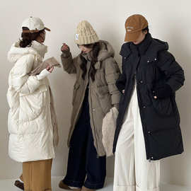 连帽白鸭绒羽绒服女长款2025新款针织袖加厚宽松白鸭绒外套女