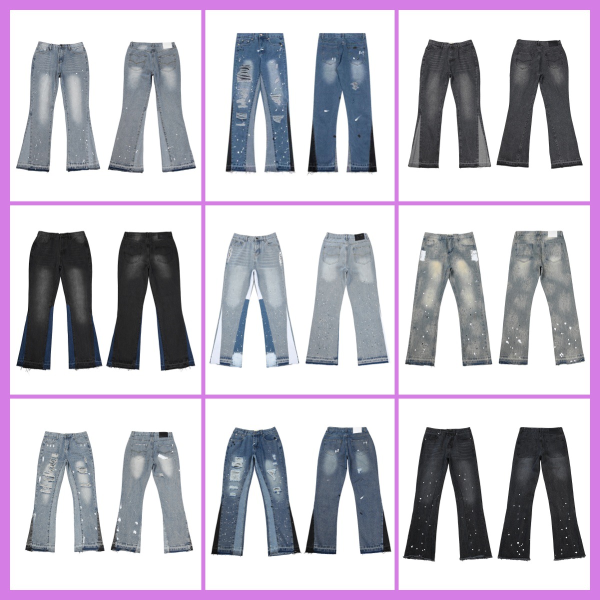 Cross-Border In-Stock Foreign Order Gall Splatter Graffiti Flared Patchwork Ripped Casual Loose Jeans Long Pants