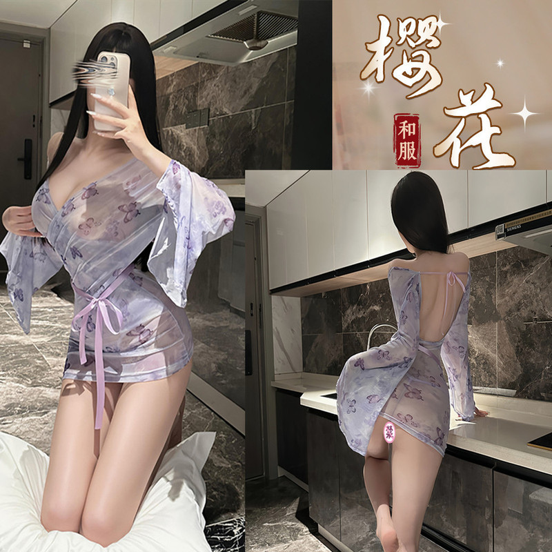 Sexy Lingerie Butterfly Print Japanese-Style Kimono See-Through Temptation Open-Front Nightgown Uniform Pure Desire Exposed Chest No-Take-Off Set