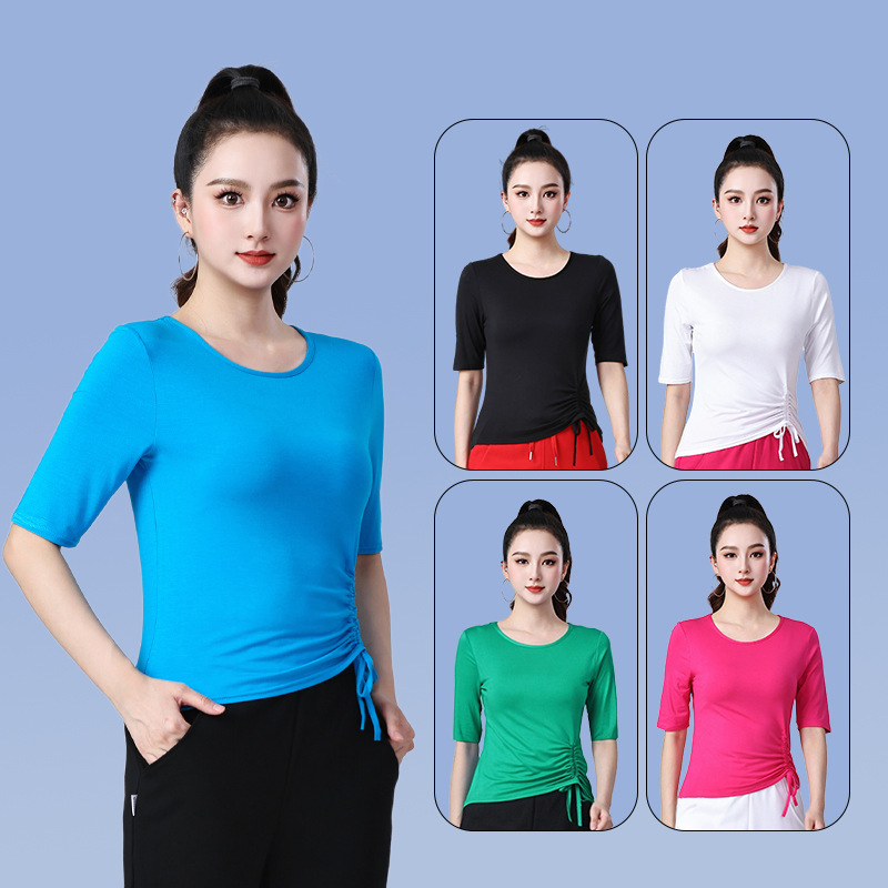New breathable dance top, women's T-shirt, modal slim fit sports short sleeve round neck drawstring solid color clothing