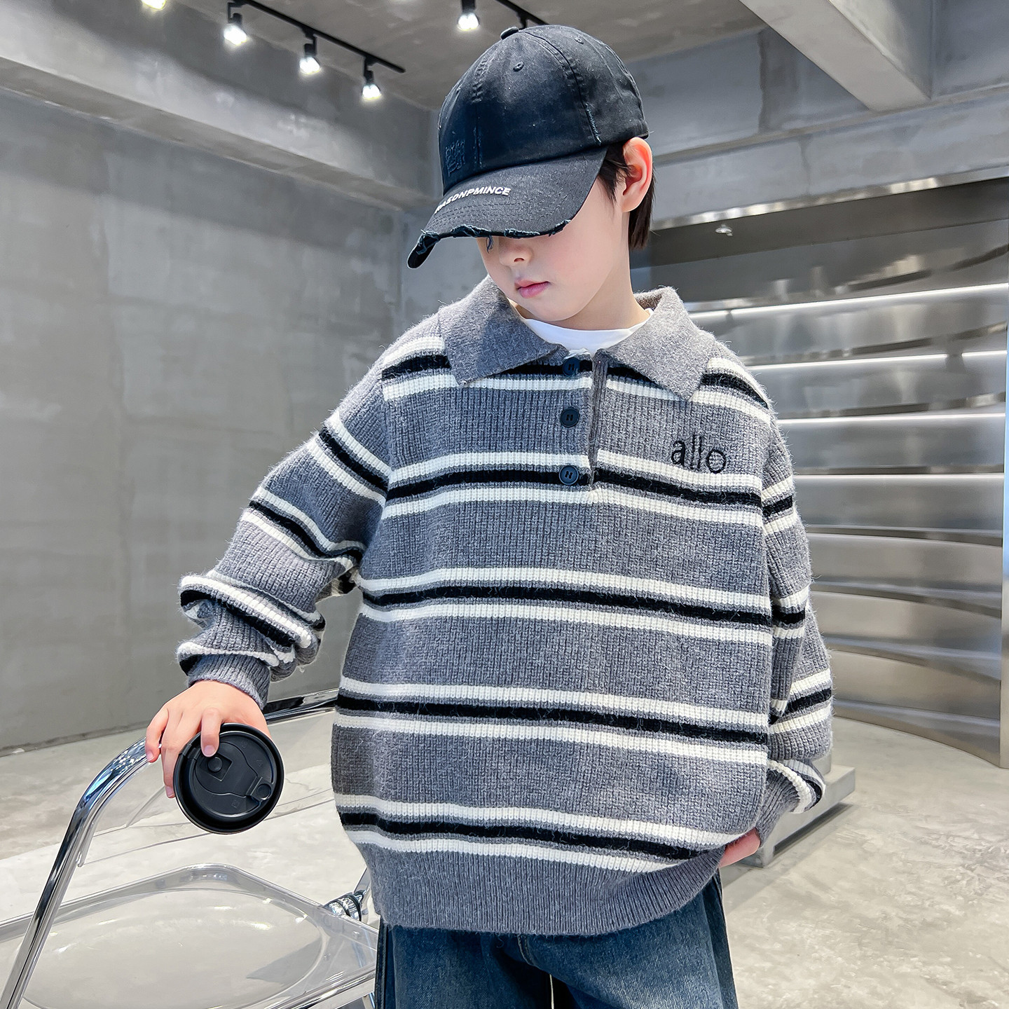 Jungen Polo Pullover Gestreift Winter Strickpullover Warm Kinder_voghion.com