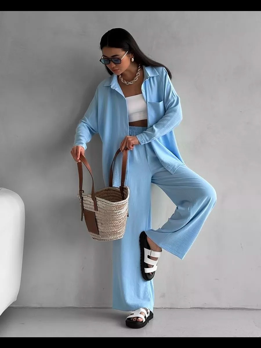 2026 Cross-Border European And American Women's Solid Color Cardigan Pocket Casual Wide-Leg Pants Set_ecoleips.com