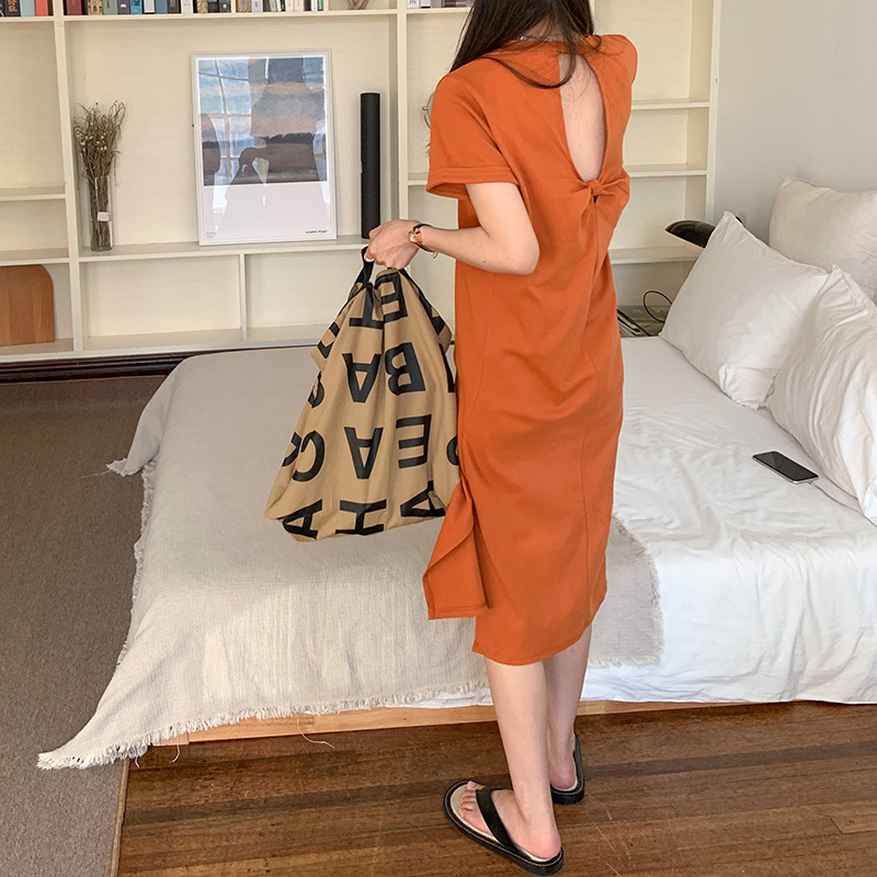 Cotton Over-the-Knee Long T-Shirt Dress Women's Summer Short-sleeved Loose Casual Lazy Design Sense Cared Machine Backless dress