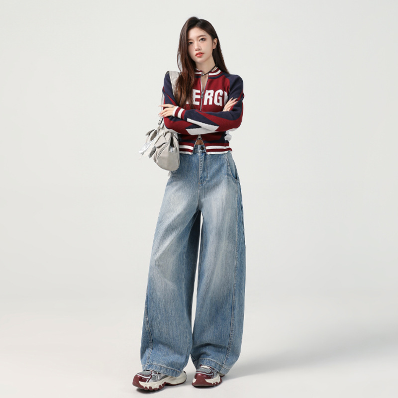 New spring and autumn scimitar jeans for women American fashion brand retro washing and old loose casual straight wide-leg pants