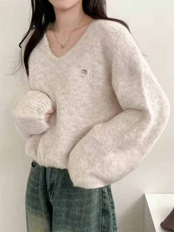 韩国chic秋冬毛衣女慵懒风宽松v领毛茸茸百搭休闲简约针织衫上衣|undefined