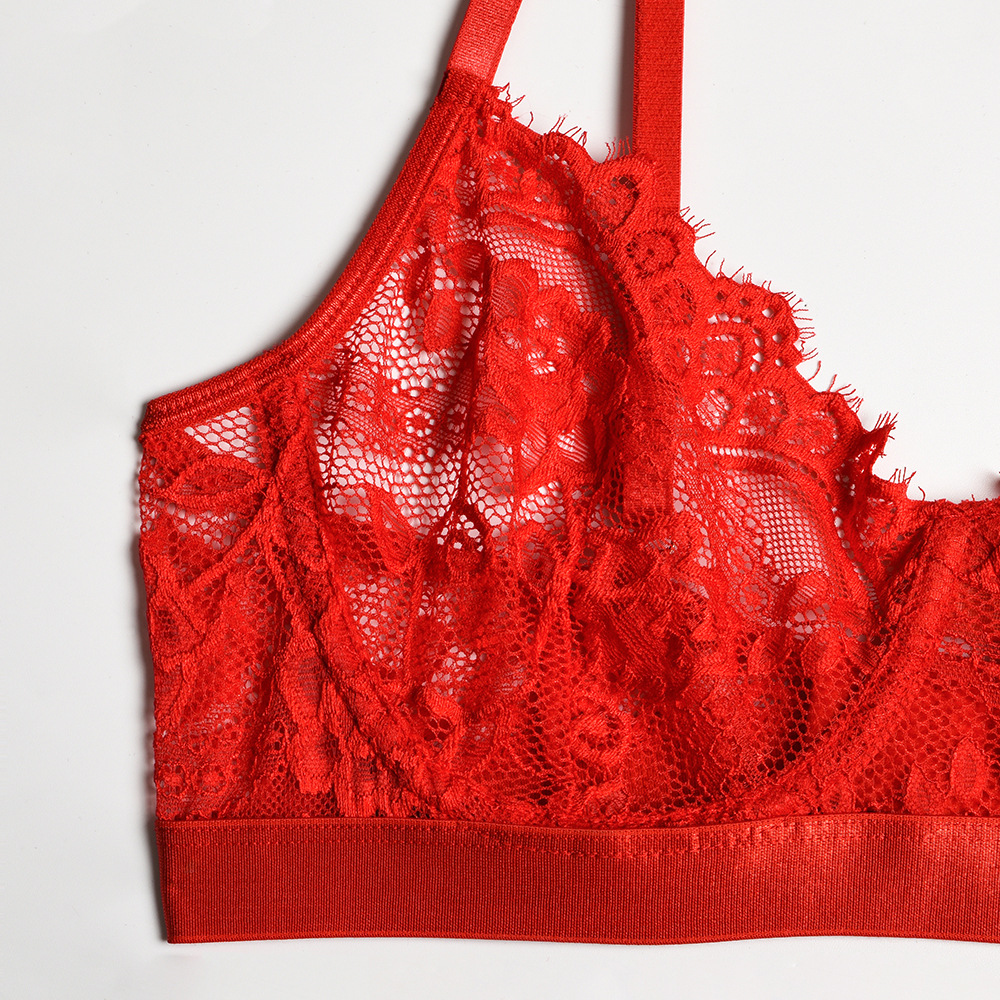 Delicate Lace Temptation: Three-Piece Red Lingerie Ensemble