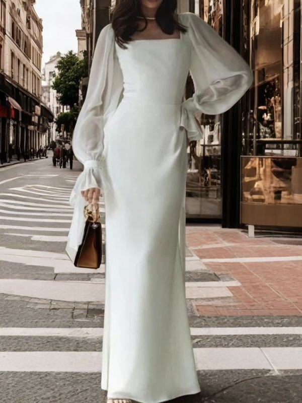 Robe en queue de poisson, nouveau Style français, col carré, maille épissée, légèrement translucide, manches cloche, taille amincissante, couleur unie, 2025