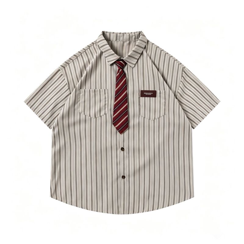 Japanese retro college-style vertical striped tie short-sleeve shirt, summer loose casual shirt for men and women, suitable for couples