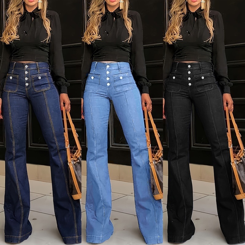 Jeans Acampanados de Cintura Alta con Botones de Mezcla de Algodón y Poliéster, Alta Elasticidad