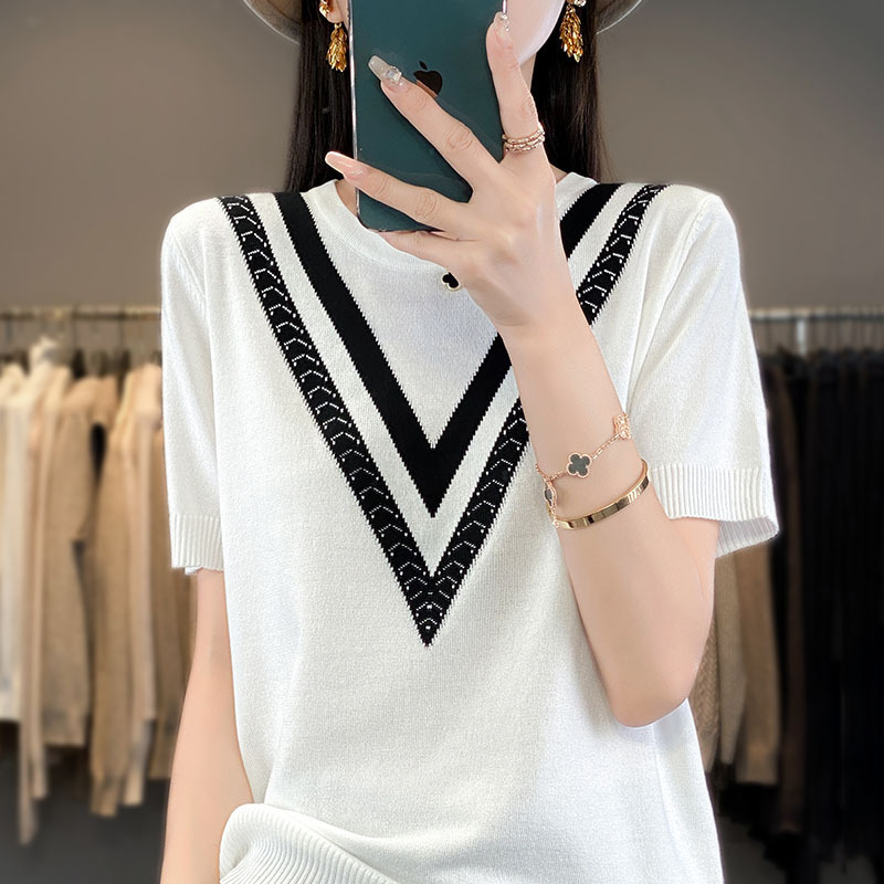 European goods summer new ice silk short sleeve sweater T-shirt women's round neck stitching elegant loose all-match top fashion