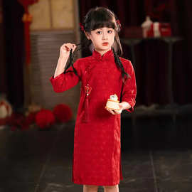 红色旗袍女童古风连衣裙儿童唐装中大童复合蕾丝古装中国风演出服