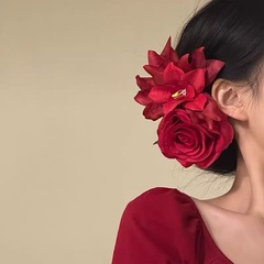 新しいアヒルのくちばしクリップ、海風の花、明るいリゾートスタイルの海辺のバラのヘアピン〜女性用の超妖精のような赤いヘアピン