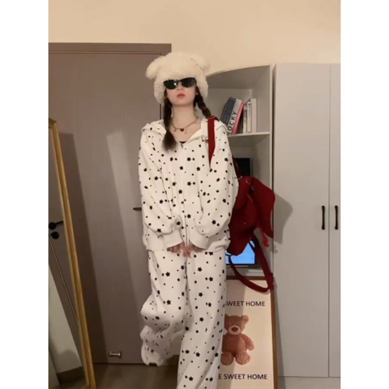 韩系星星印花连帽卫衣睡衣女秋款慵休闲懒风外套阔腿裤居家服套装|undefined