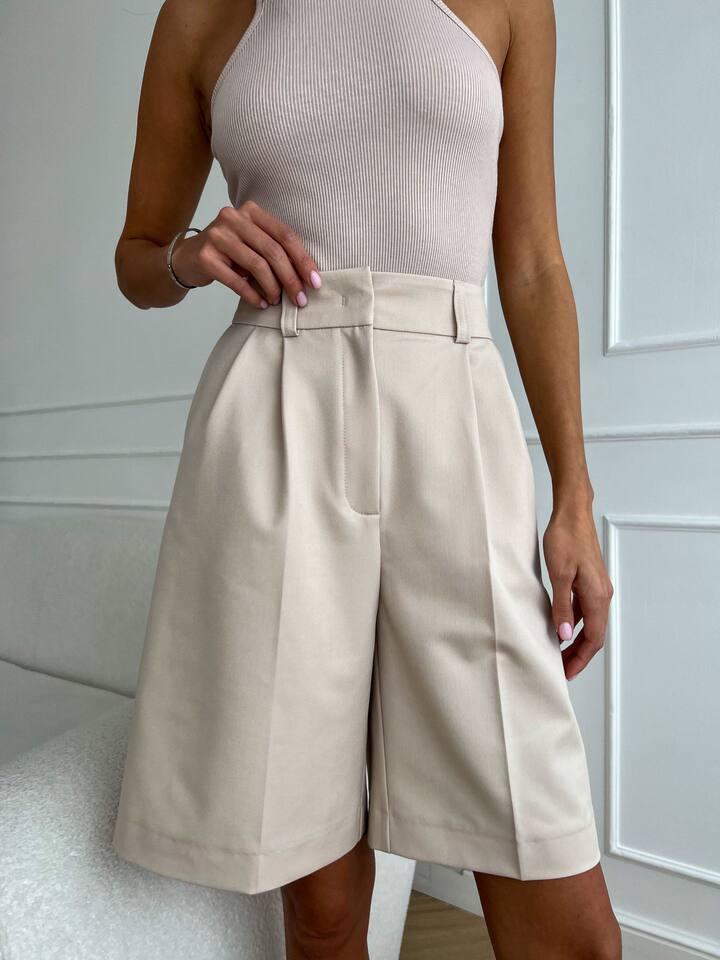 Quần short ống đứng kiểu quần vest lưng cạp chun, dáng năm phần rộng rãi tôn dáng — Màu mơ, Màu trắng chi tiết 20