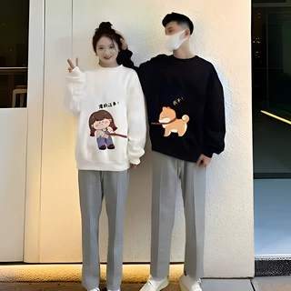 秋冬oversize加绒圆领卫衣男女上衣特别情侣装潮牌班服保暖打底衫