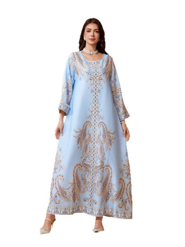 ZD011 Dubai ins Muslim women's robe beaded print dress round neck Abaya Middle Eastern style diamond