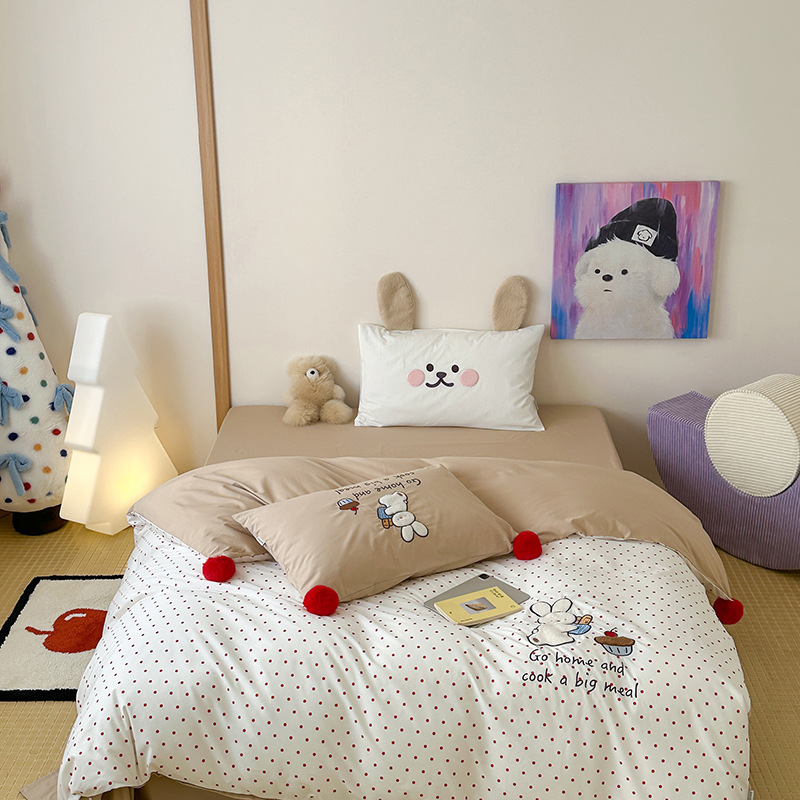 ins少女波点格子小兔全棉水洗棉四件套可爱刺绣纯棉被套床上用品|undefined