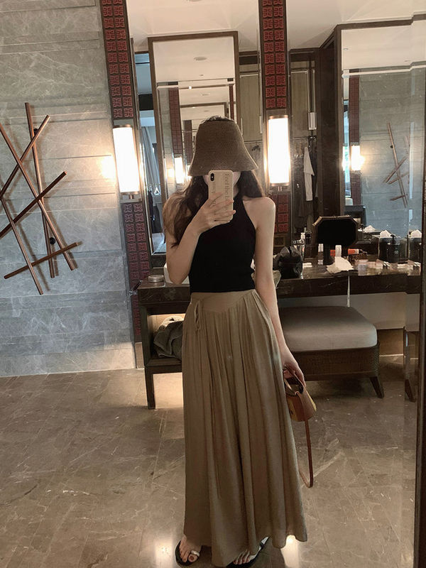 ピンクのコットンとリネンのワイドレッグパンツスカート女性の夏の薄い新しいスタイルルーズドレープハイウエストストレートカジュアルパンツ9点パンツ|undefined