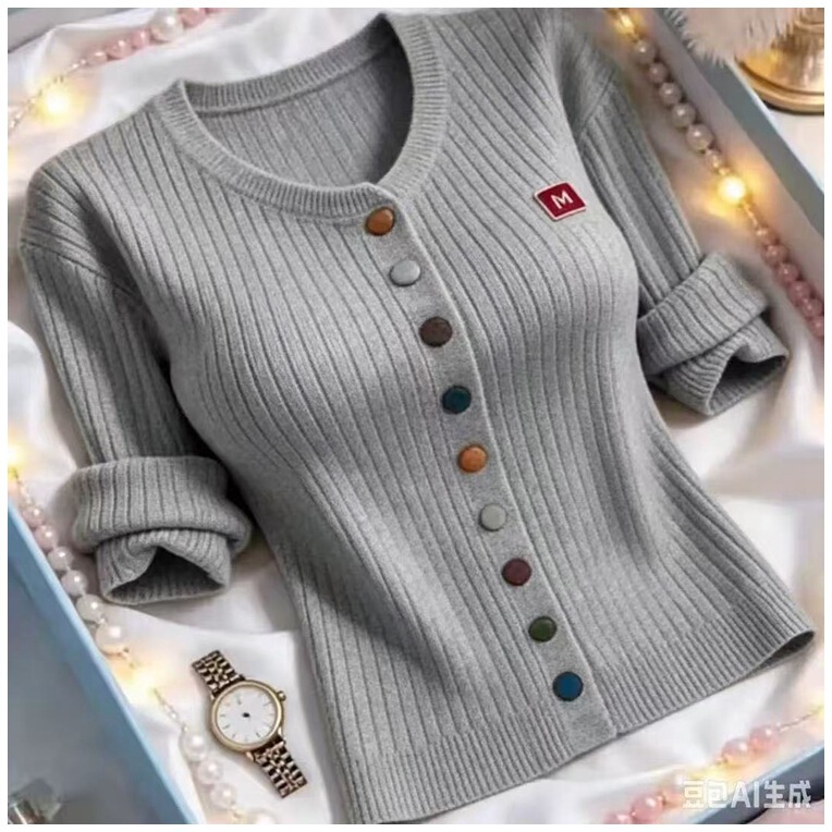 Round-neck 2026 new style knitted cardigan with colorful buttons, casual, loose-fitting, slimming, long-sleeved, fashionable, and age-reducing top Round-neck 2026 new style knitted cardigan with colorful buttons, casual, loose-fitting, slimming, long-sleeved, fashionable, and age-reducing top