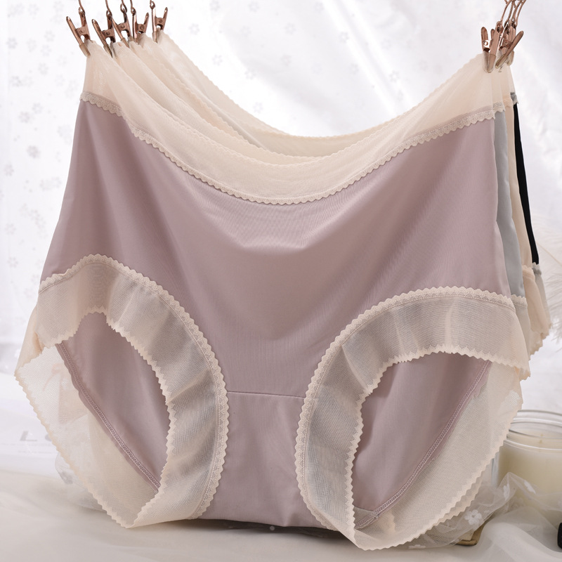 Mulberry Silk Bottom Crotch Ice Silk Underwear For Women High Waist Lace Edge Large Size Fat MMSummer Thin Women's Briefs Panties