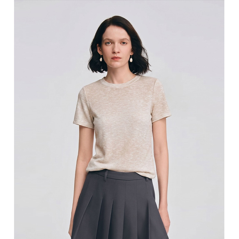 【D Brand Order】Simple Style Round Neck Short Sleeve Knitted Top for Women, Summer Thin Design, Trendy Straight Shoulder Top