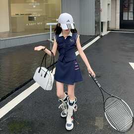 女童裙子儿童夏装运动连衣裙套装女孩无袖POLO开衫短裙裤两件套