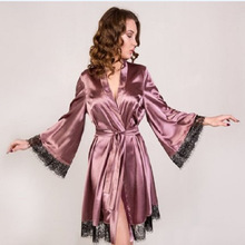 新款欧美情趣睡衣仿真丝绸性感蕾丝花边大码开衫睡袍晨袍跨境批发