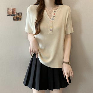 Plus Size Women's Clothing 2025 Summer Fat Girl Colorfulful Button Knitted Short-Sleeved T-Shirt Fat mm Short Top