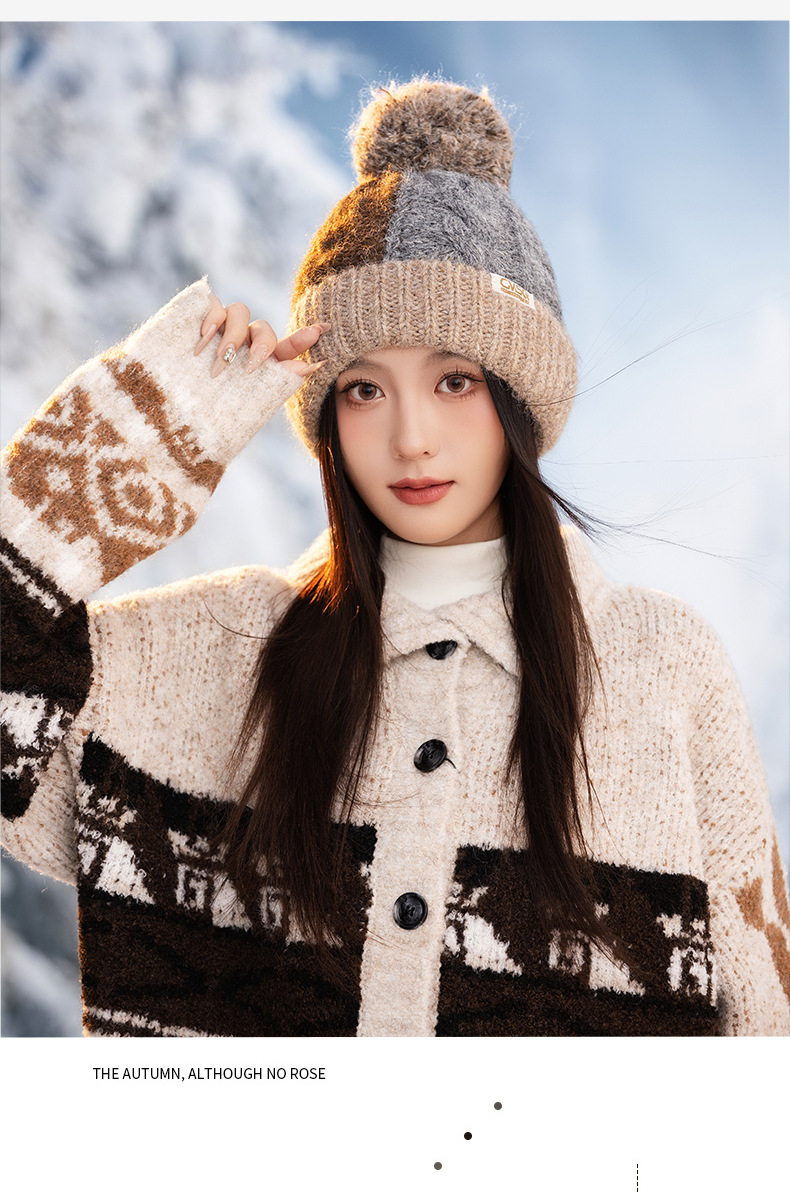 Fashion Versatile Color Block Pom Knitted Autumn Winter Outdoor Fleece Lined Thickened Warm Artistic Retro Pullover Hat_voghion.com