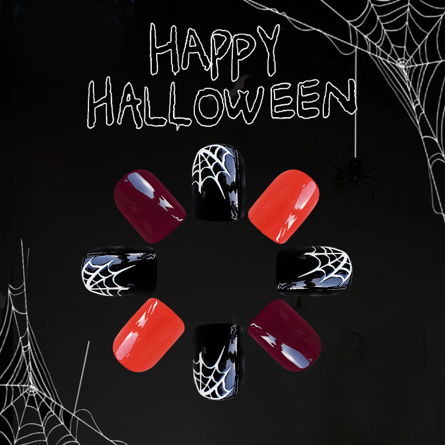 Unghie finte corte e luminose, ragnatela, zucca, arancione e rosso, semplici, armatura quadrata, manicure di Halloween, nuovo 24 pezzi_voghion.com